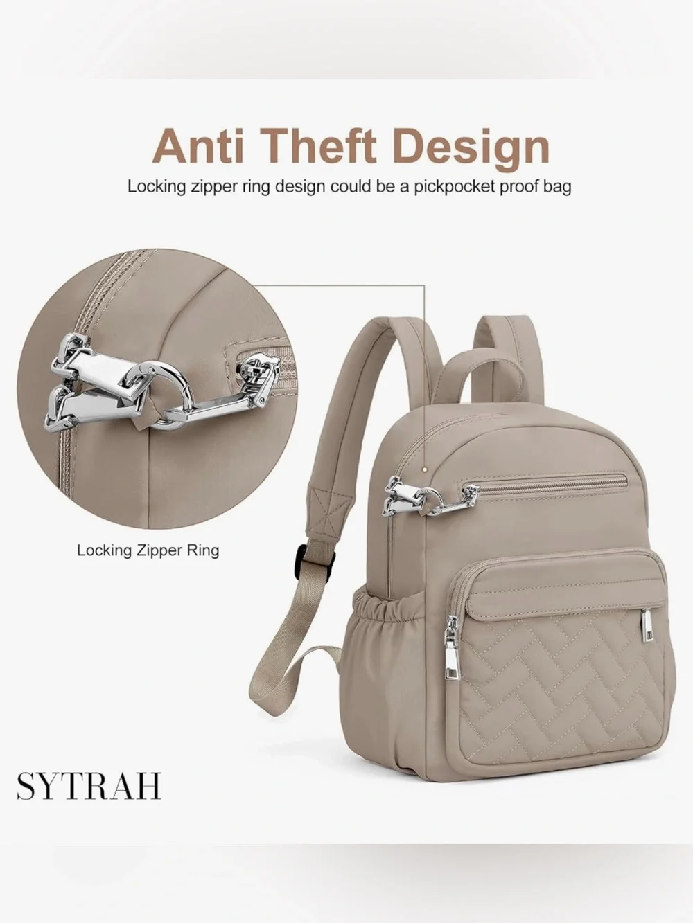NWT SYTRAH Mini Puffer Backpack Taupe Anti-Theft Travel Bag
